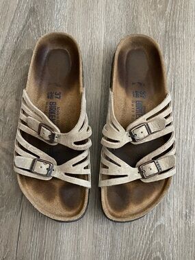 Birkenstock Beige Suede Strappy Double-Buckle Slides